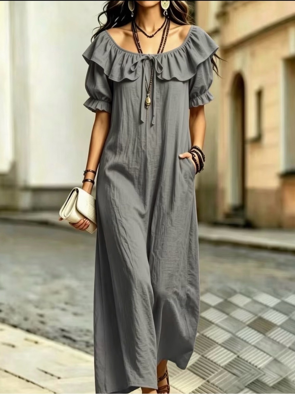Off-Shoulder Ruffle Maxi Dress - Gray